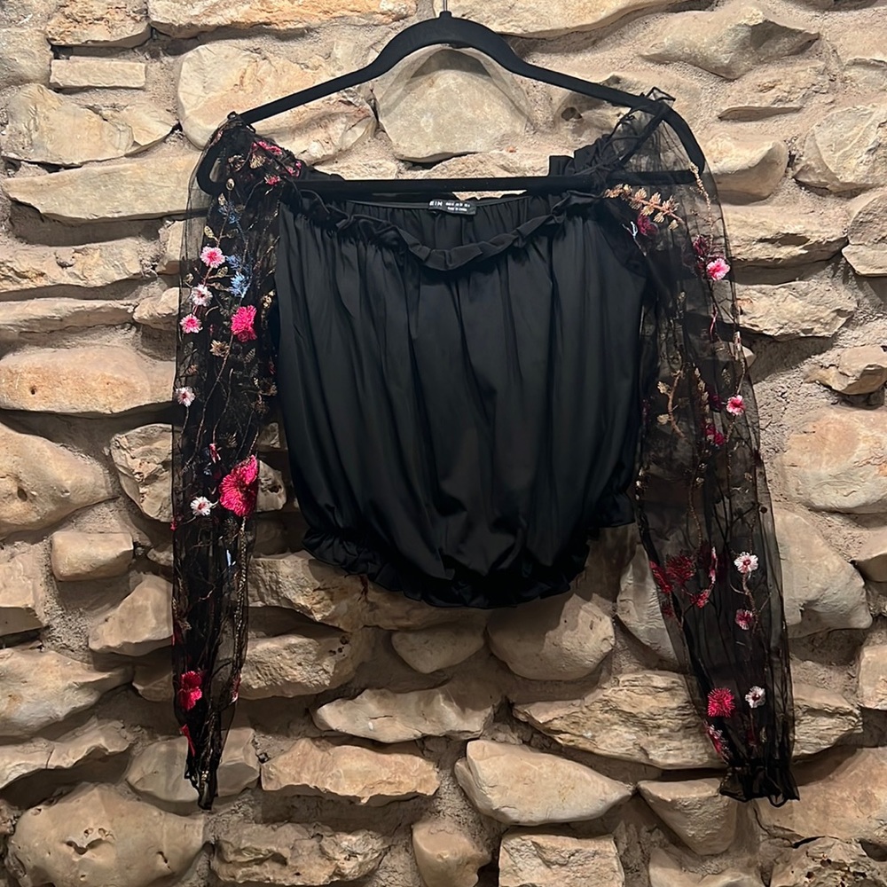 Crop top. Ruffle detail. Sheer sleeves with embroidered floral print.